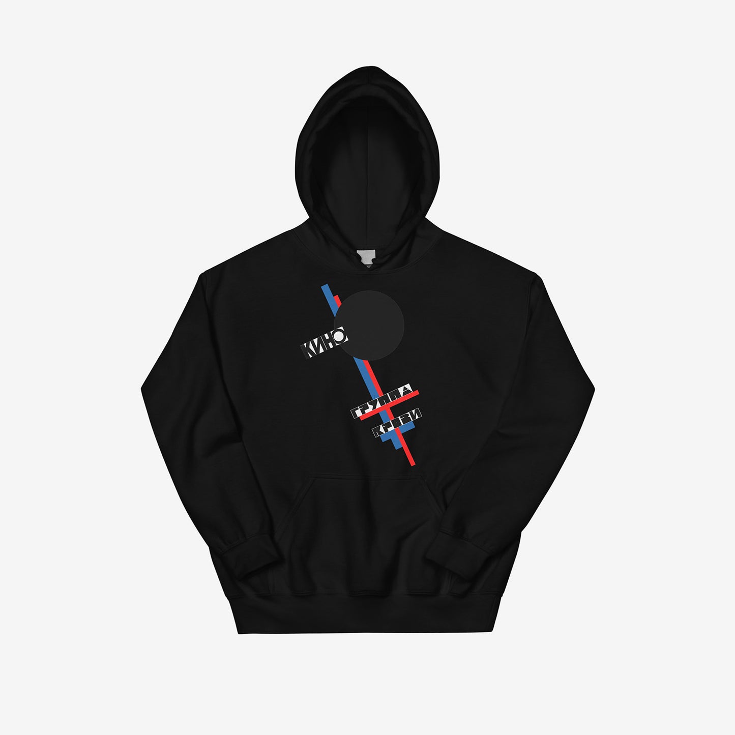 Black KINO band Gruppa Krovi album artwork hoodie. Official Viktor Tsoi Soviet Russian rock fan merch from www.kinoband.com