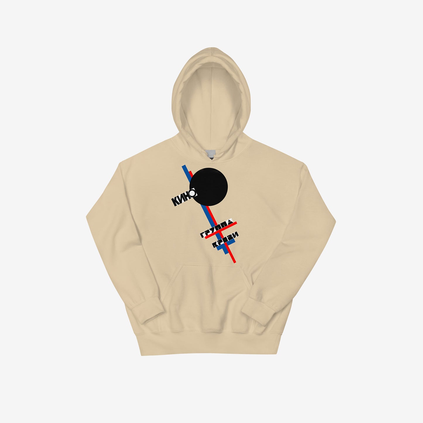 Sand color KINO band Gruppa Krovi album artwork hoodie. Official Viktor Tsoi Soviet Russian rock fan merch from www.kinoband.com