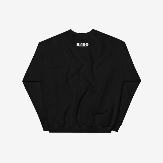 Black KINO band Gruppa Krovi album artwork sweatshirt. Back side with КИНО logo. Official Viktor Tsoi Soviet Russian rock fan merch from www.kinoband.com