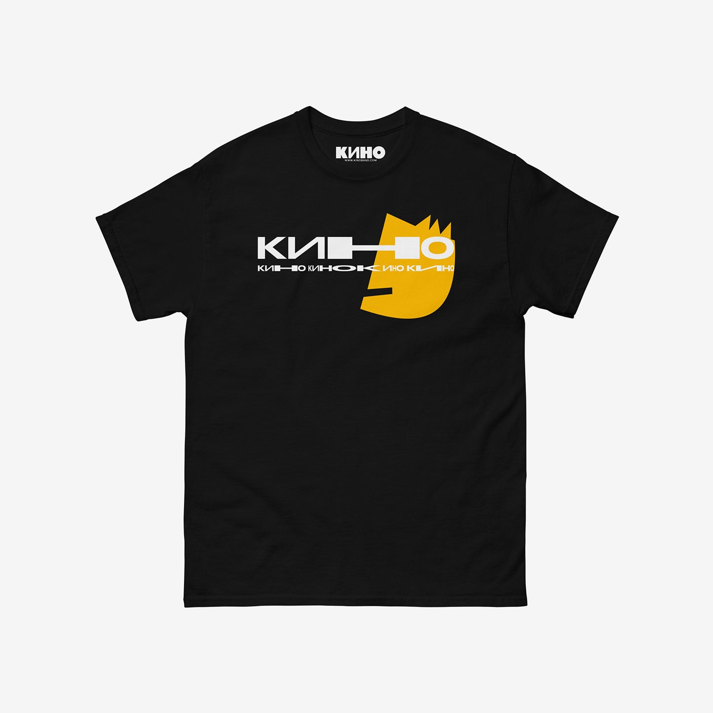 Minimalist KINO band logo graphic printed on black T-shirt. From kinoband.com