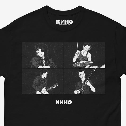 Official KINO band black unisex T-shirt featuring illustrated live performance of Viktor Tsoi and Kino music band members, with KINO logo beneath the image and branded neck tag design. Closeup photo. www.kinoband.com