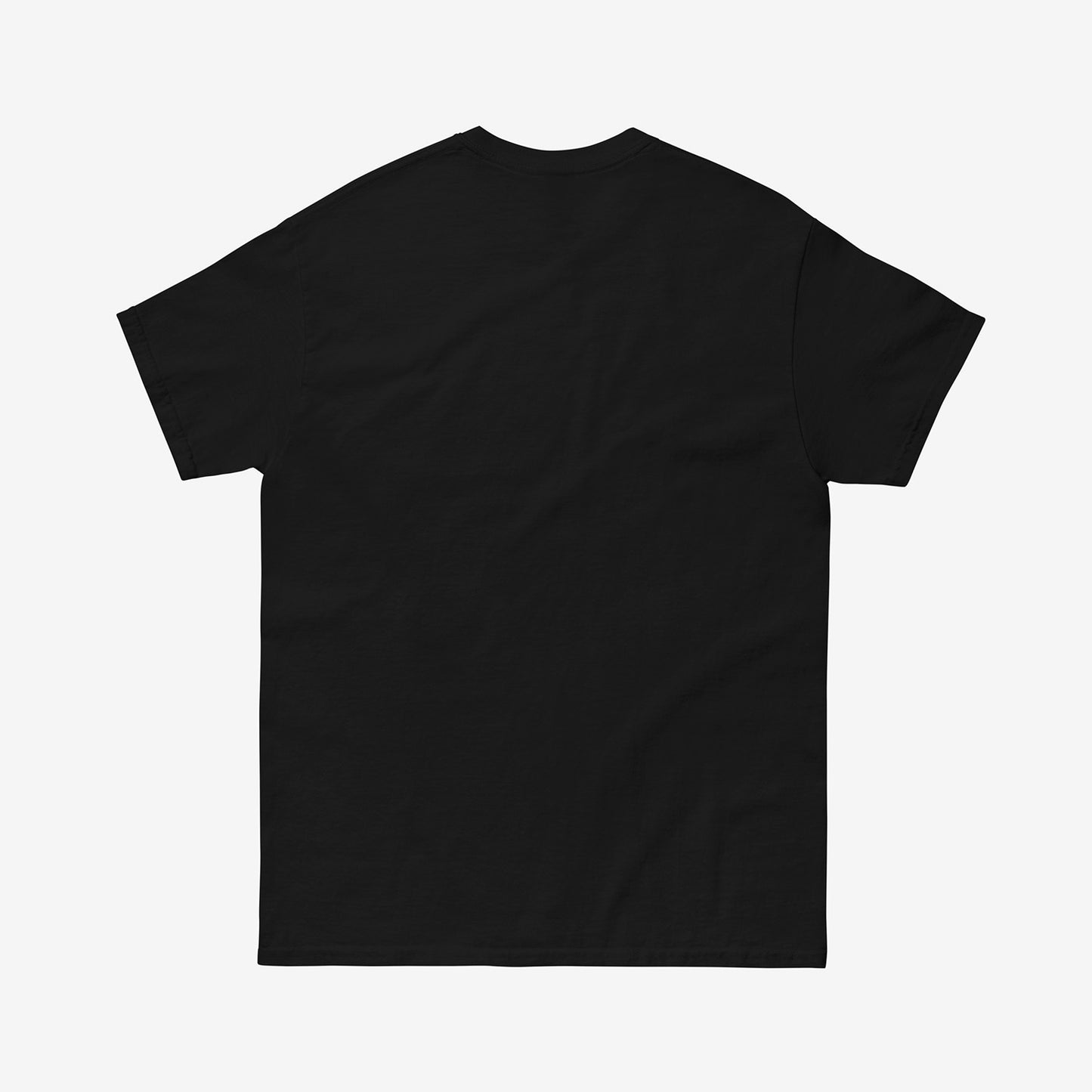 Official KINO band black unisex T-shirt featuring illustrated live performance of Viktor Tsoi and Kino music band members, with KINO logo beneath the image and branded neck tag design. Back side. www.kinoband.com