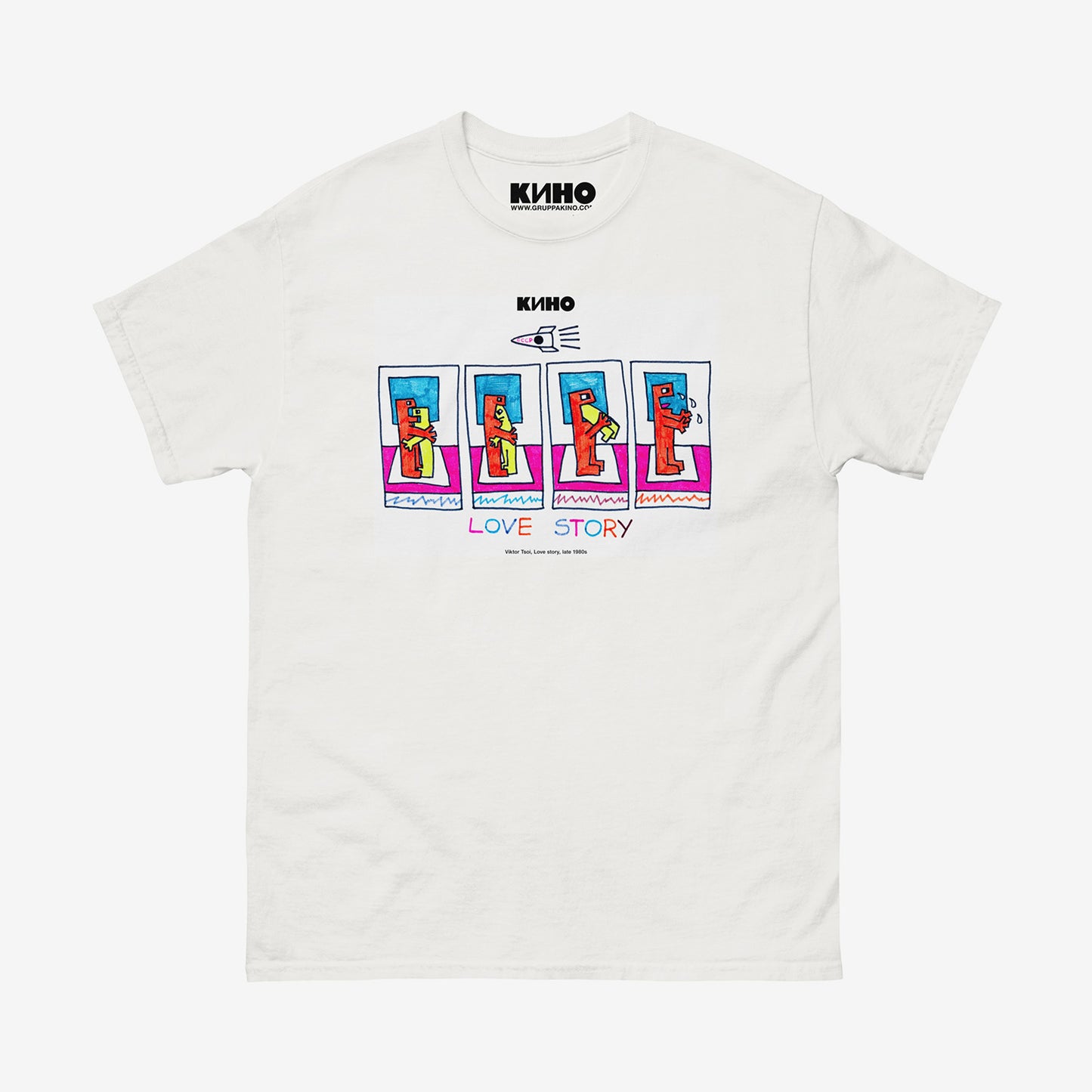 Viktor Tsoi 'Love Story' painting from late 1980s, printed on the front of a heavyweight quality unisex t-shirt with a KINO logo on the inside neck label, from www.kinoband.com