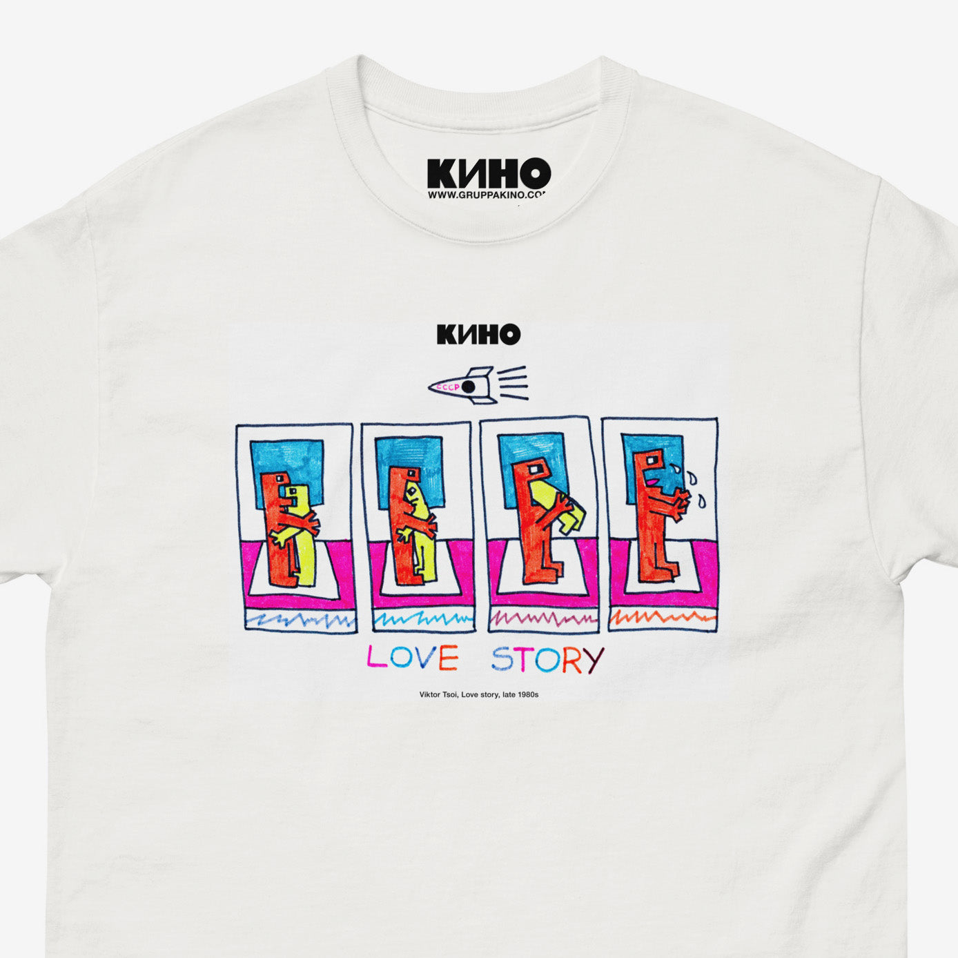 Viktor Tsoi 'Love Story' painting from late 1980s, printed on the front of a heavyweight quality unisex t-shirt with a KINO logo on the inside neck label, from www.kinoband.com