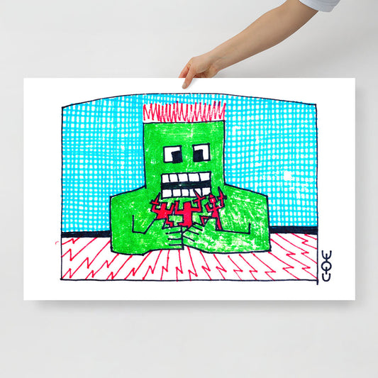 Large poster print of rare 1980s Viktor Tsoi painting of a green man holding red human figures, from www.kinoband.com