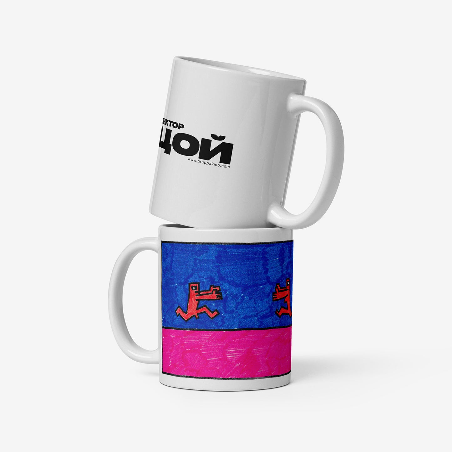 Mug with a rare 1980s Viktor Tsoi painting of two naked figures running towards each other, from www.kinoband.com