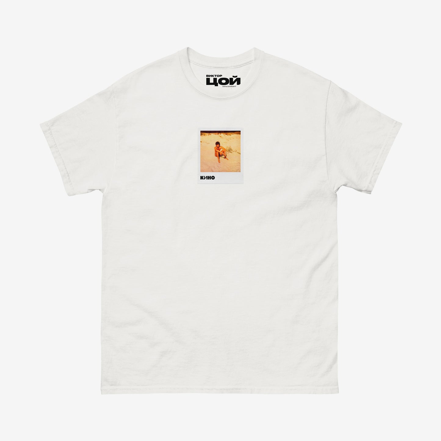 White T-shirt with rare photo of Viktor Tsoi relaxing at the beach. Original KINO band merch from www.kinoband.com