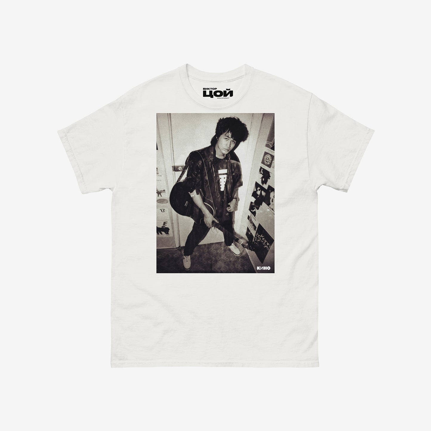 Official KINO band tshirt with large rare photo of Viktor Tsoi in wearing a bomber jacket with guitar in an apartment. From kinoband.com