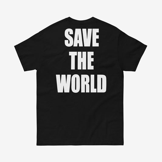 Iconic Viktor Tsoi 'SAVE THE WORLD' (СПАСЁМ МИР) text graphic on the front and "SAVE THE WORLD" text on the back of a heavyweight black unisex t-shirt with a KINO logo on the inside neck label, from www.kinoband.com
