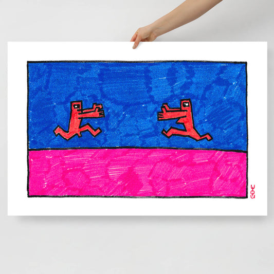 Large poster featuring a rare 1980s Viktor Tsoi painting of two naked figures running towards each other, from www.kinoband.com