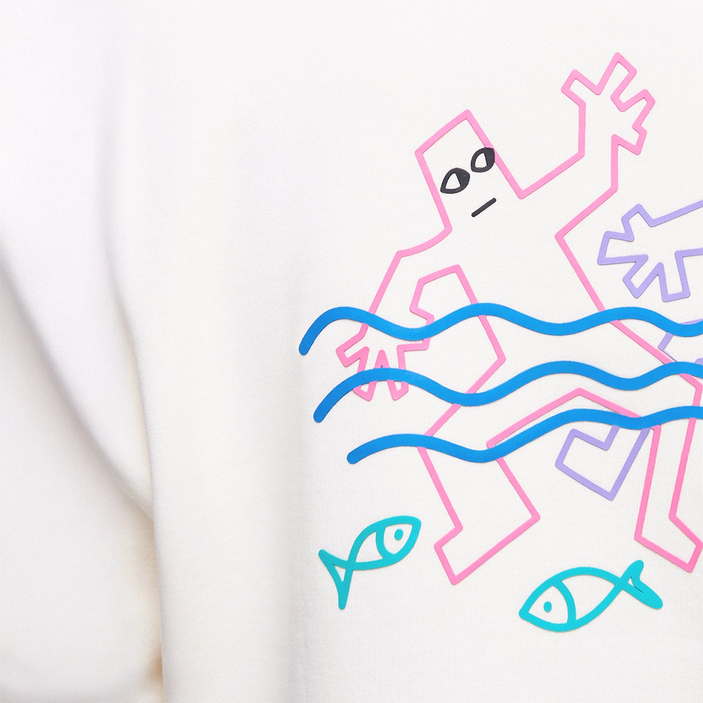 Closeup print detailes photo of the official white unisex KINO band sweatshirt featuring original bright painting by Viktor Tsoi called 'Water battle' with two human figures playing in water. www.kinoband.com
