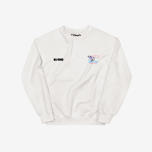 White unisex KINO band sweatshirt featuring an original painting by Viktor Tsoi with a small КИНО logo on the chest, with custom necktag logo design in Cyrillic "Виктор Цой”. www.kinoband.com