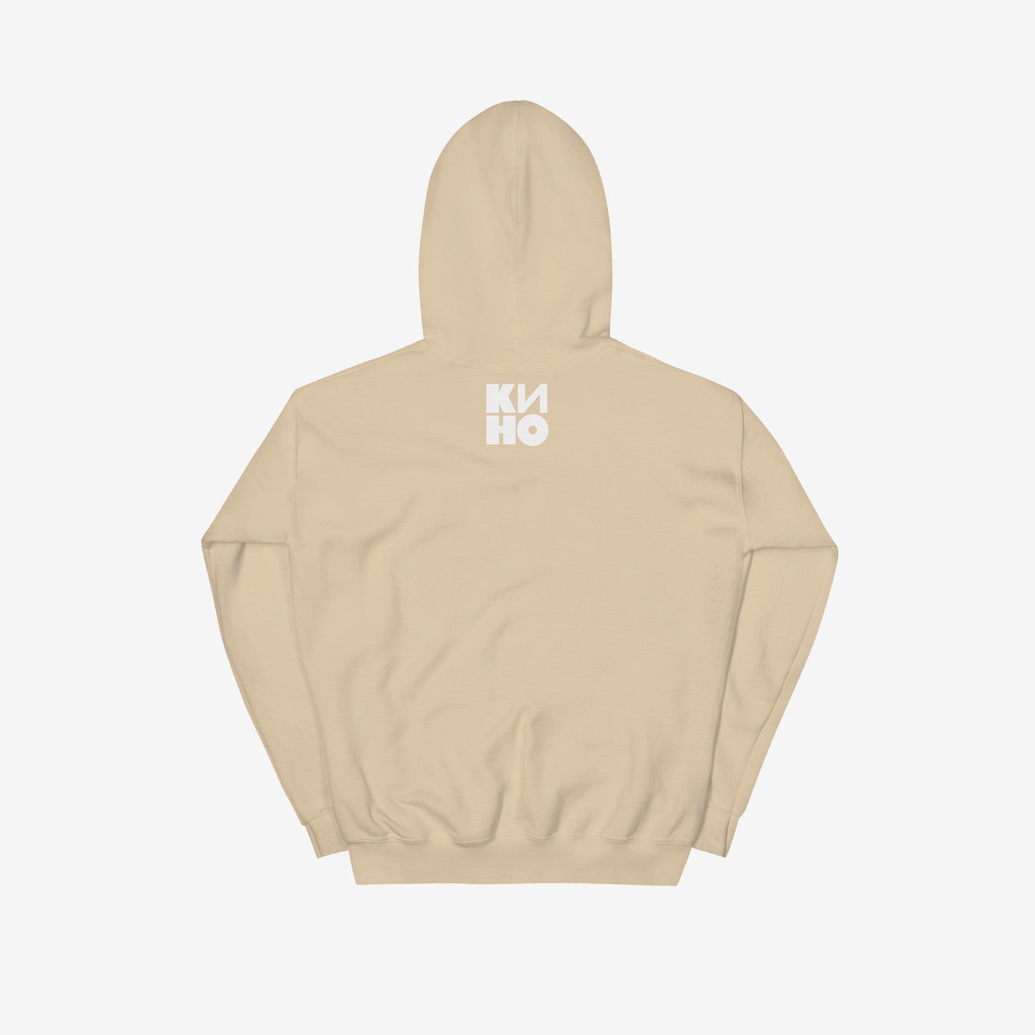 Sand color KINO band Gruppa Krovi album artwork hoodie. Back side with КИНО logo. Official Viktor Tsoi Soviet Russian rock fan merch from www.kinoband.com