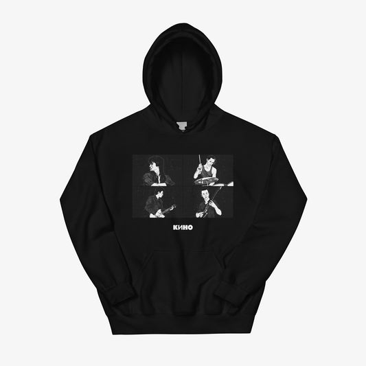 Black unisex hoodie with illustrated live performance of Viktor Tsoi and Gruppa Kino music band, with KINO logo beneath the image and KINO logo on the back neck side. Front side.