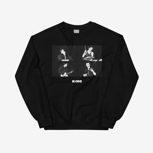 Black unisex sweatshirt with illustrated live performance of Viktor Tsoi and Gruppa Kino music band, with KINO logo beneath the image and KINO logo on the back neck side. Front side.