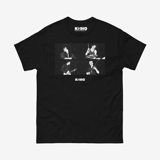 Black unisex T-shirt featuring illustrated live performance of Viktor Tsoi and Gruppa Kino music band, with KINO logo beneath the image and custom neck tag design