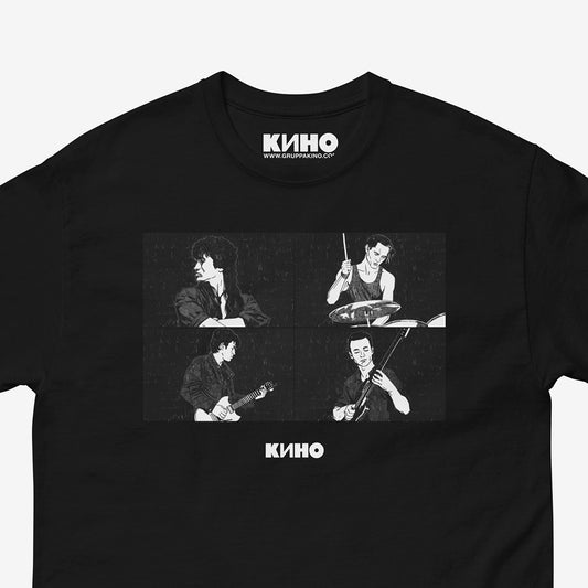 Black unisex T-shirt featuring illustrated live performance of Viktor Tsoi and Gruppa Kino music band, with KINO logo beneath the image and custom neck tag design. Closeup photo