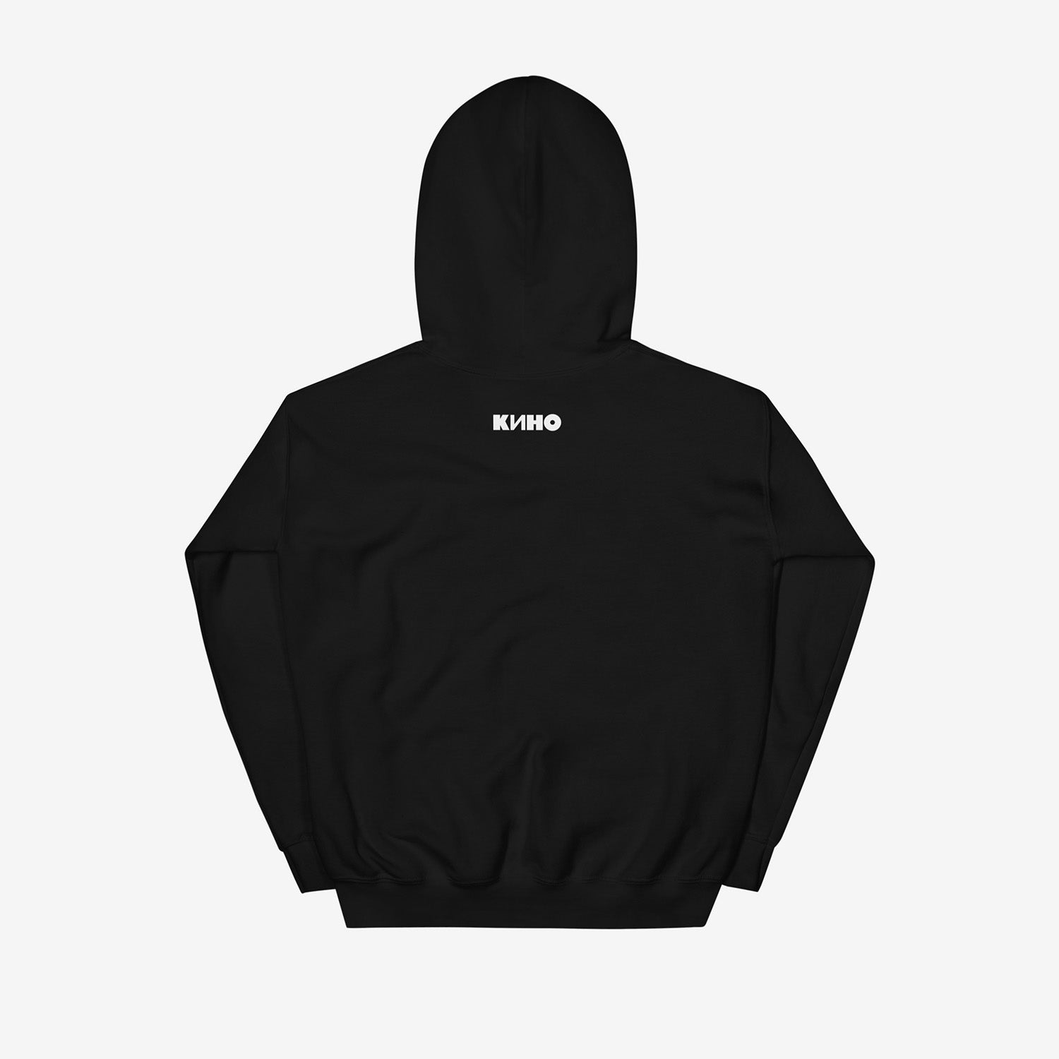 Official KINO band hoodie with elements of the Gruppa Krovi (sun) album cover behind the band members and Viktor Tsoi in the middle. back side with small KINO logo on the neck side. www.kinoband.com