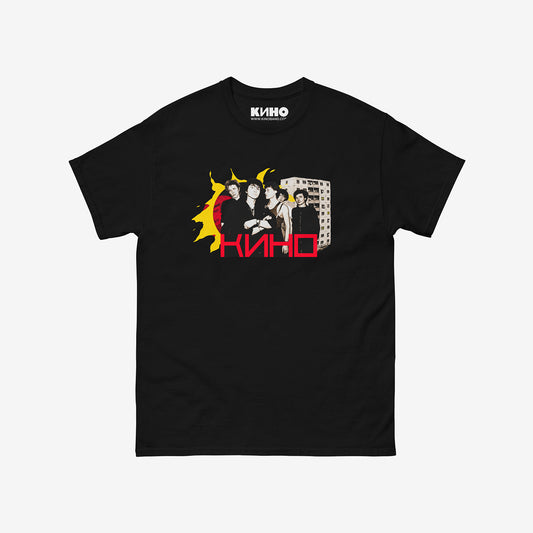 Official KINO band black T-shirt with elements of the Gruppa Krovi (sun) album cover behind the band members with Viktor Tsoi in the middle. www.kinoband.com