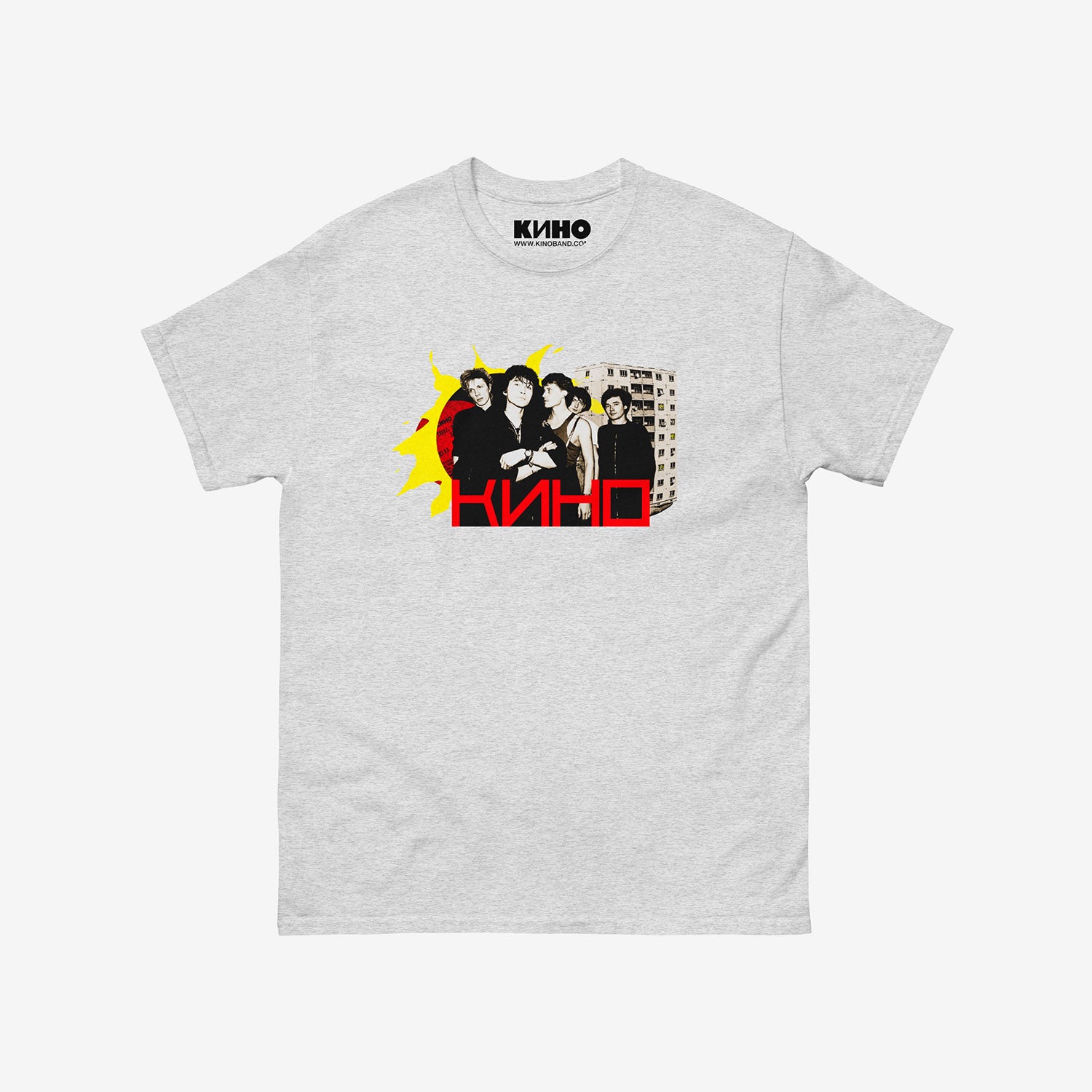 Official KINO band grey T-shirt with elements of the Gruppa Krovi (sun) album cover behind the band members with Viktor Tsoi in the middle. www.kinoband.com