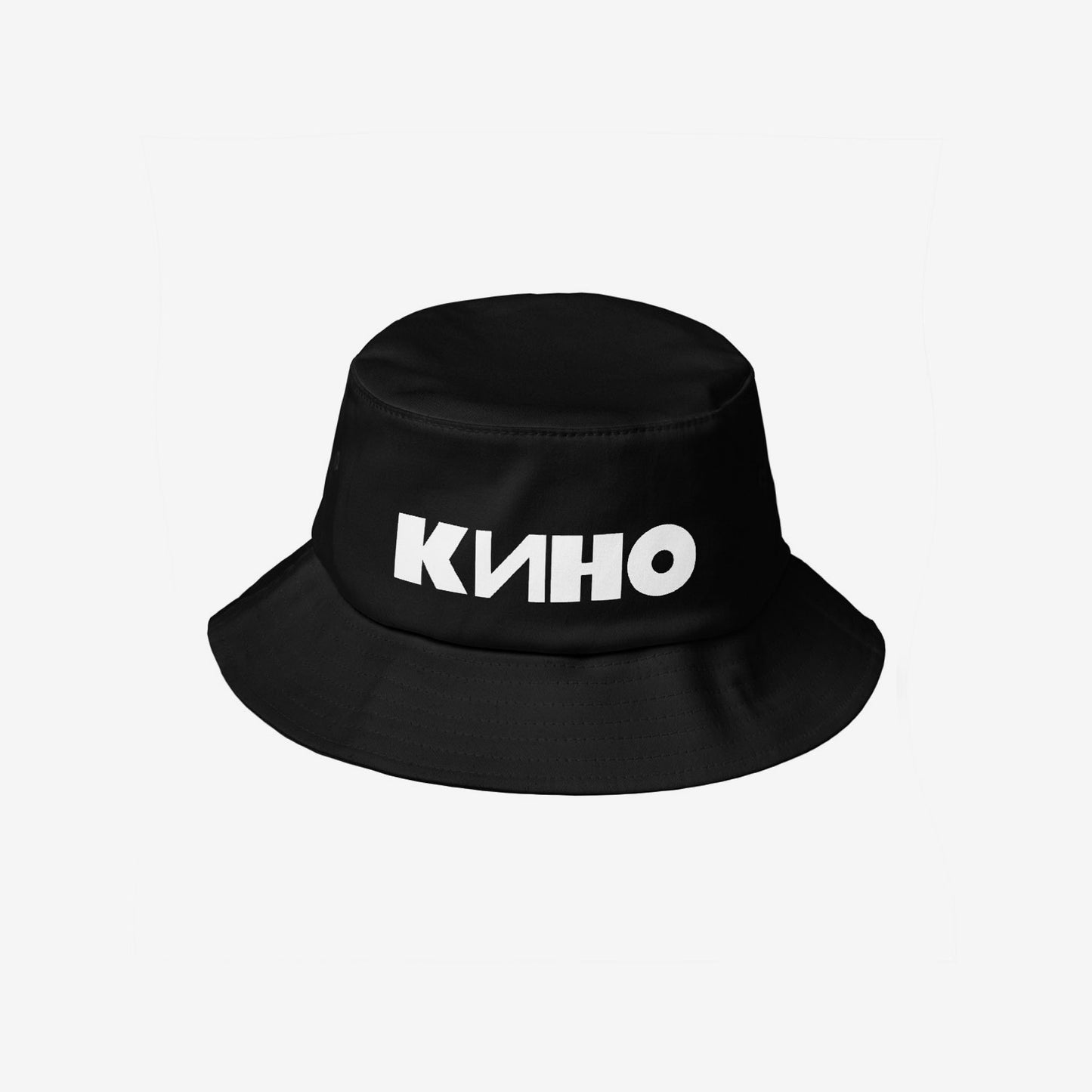 Official KINO band and Viktor Tsoi black unisex bucket hat. Minimalist design with white КИНО logo. www.kinoband.com