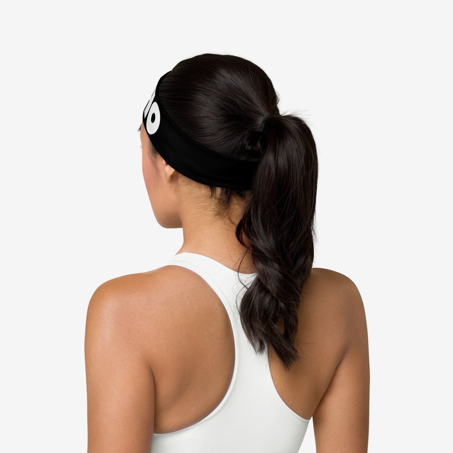 Model girl wearing official KINO band essential black headband. Back side view. www.kinoband.com