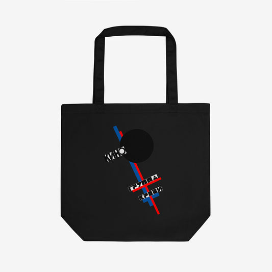 Official KINO band black tote bag featuring a double-sided print: Gruppa Krovi album cover art created by Viktor Tsoi and the КИНО classic logo on the the reverse. Front side photo. www.kinoband.com