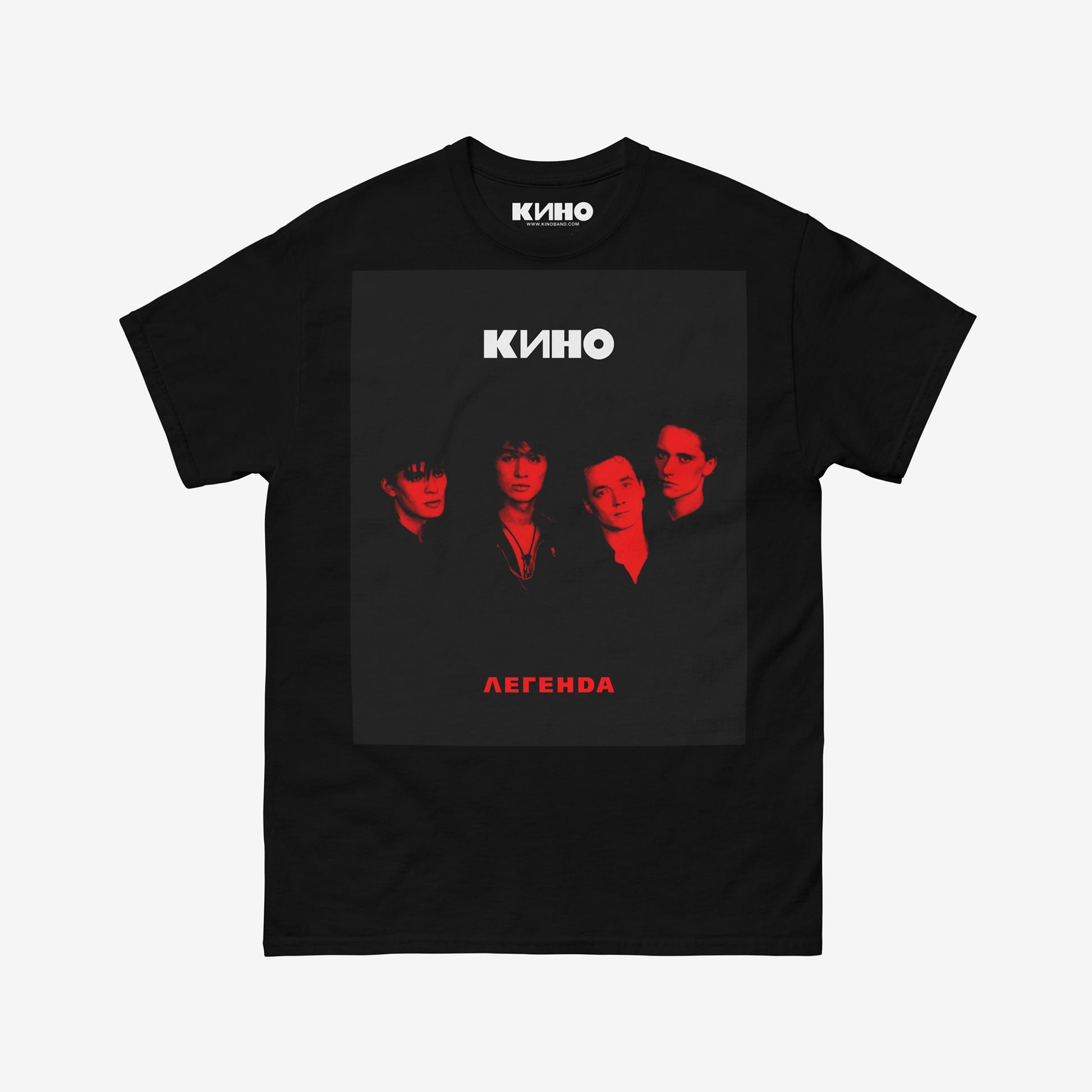 Official black unisex Viktor Tsoi & KINO band T-shirt with large Легенда (Legend) album cover print. www.kinoband.com