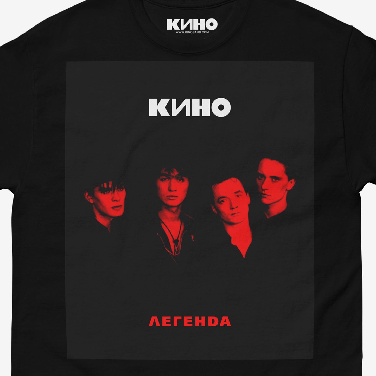 Official black unisex Viktor Tsoi & KINO band T-shirt with large Легенда (Legend) album cover print. Closeup photo. www.kinoband.com