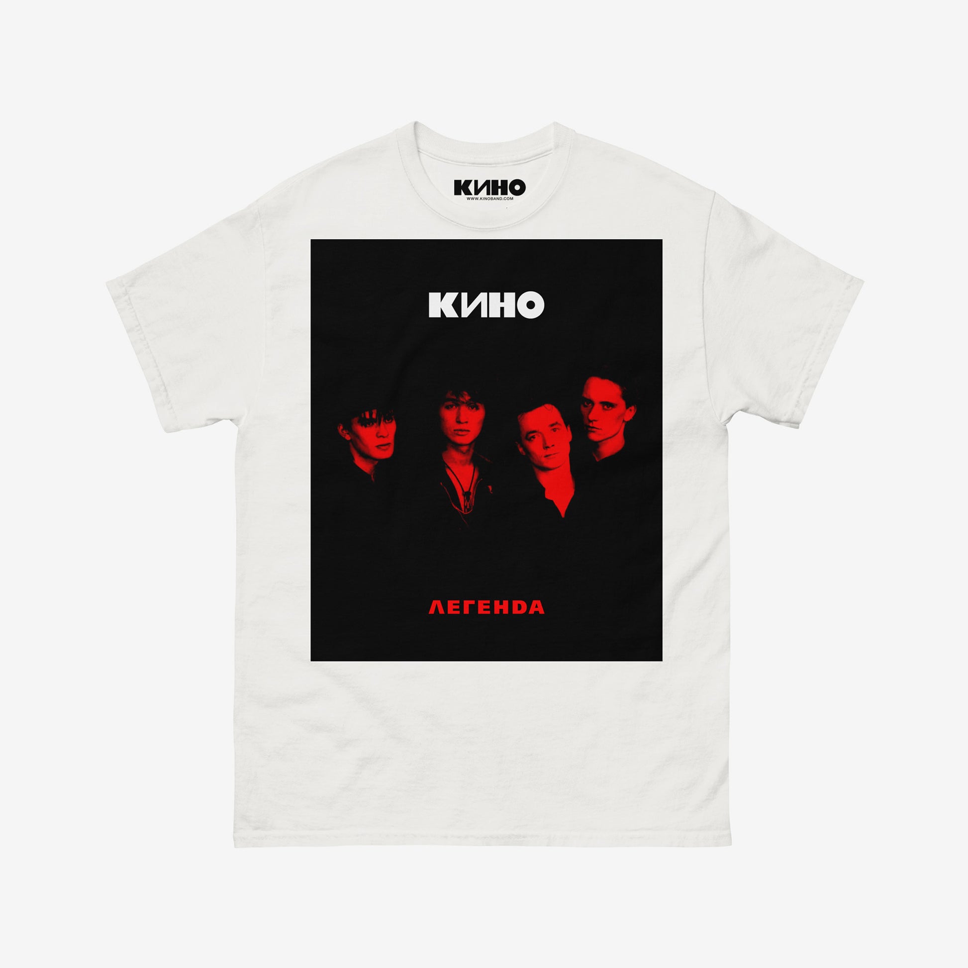 Official white unisex Viktor Tsoi & KINO band T-shirt with large Легенда (Legend) album cover print. www.kinoband.com