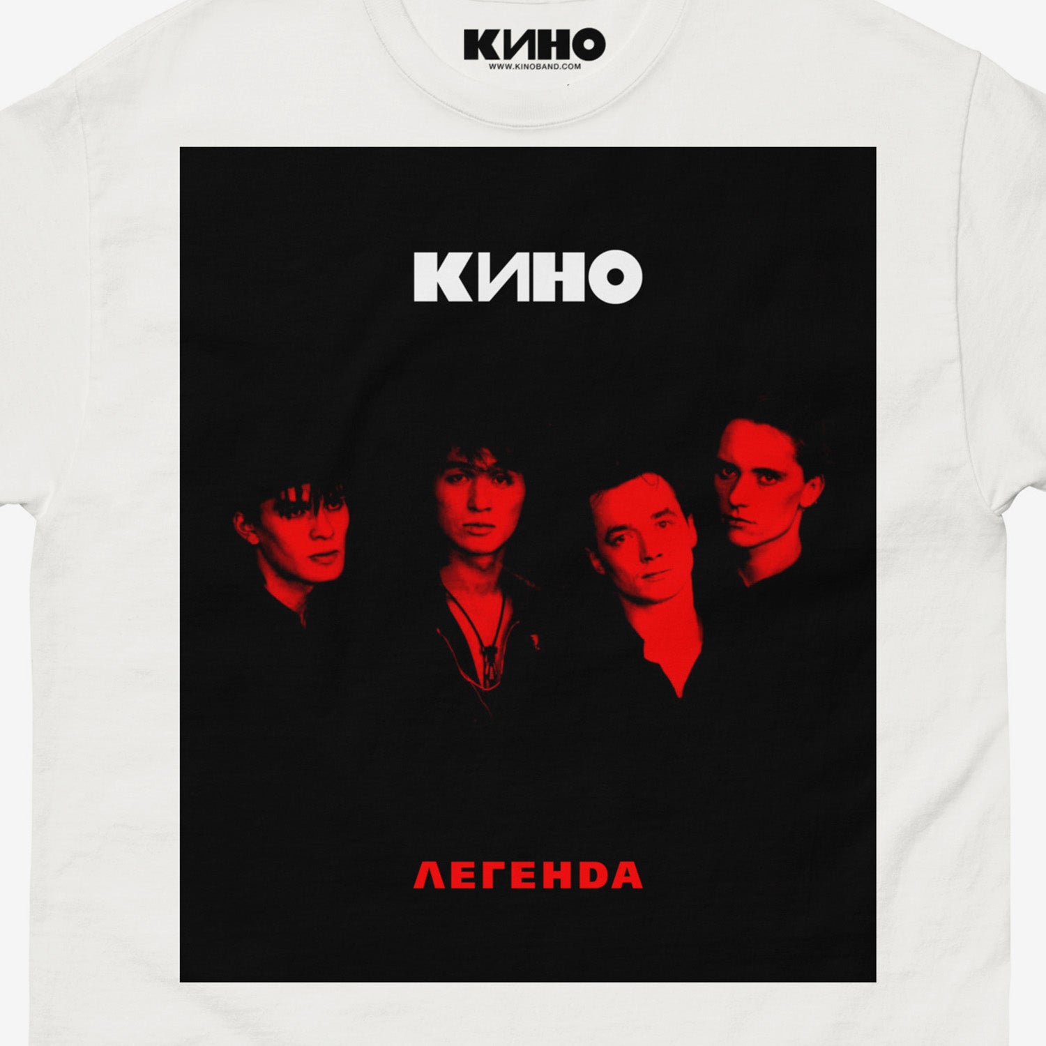 Official white unisex Viktor Tsoi & KINO band T-shirt with large Легенда (Legend) album cover print. Closeup photo. www.kinoband.com
