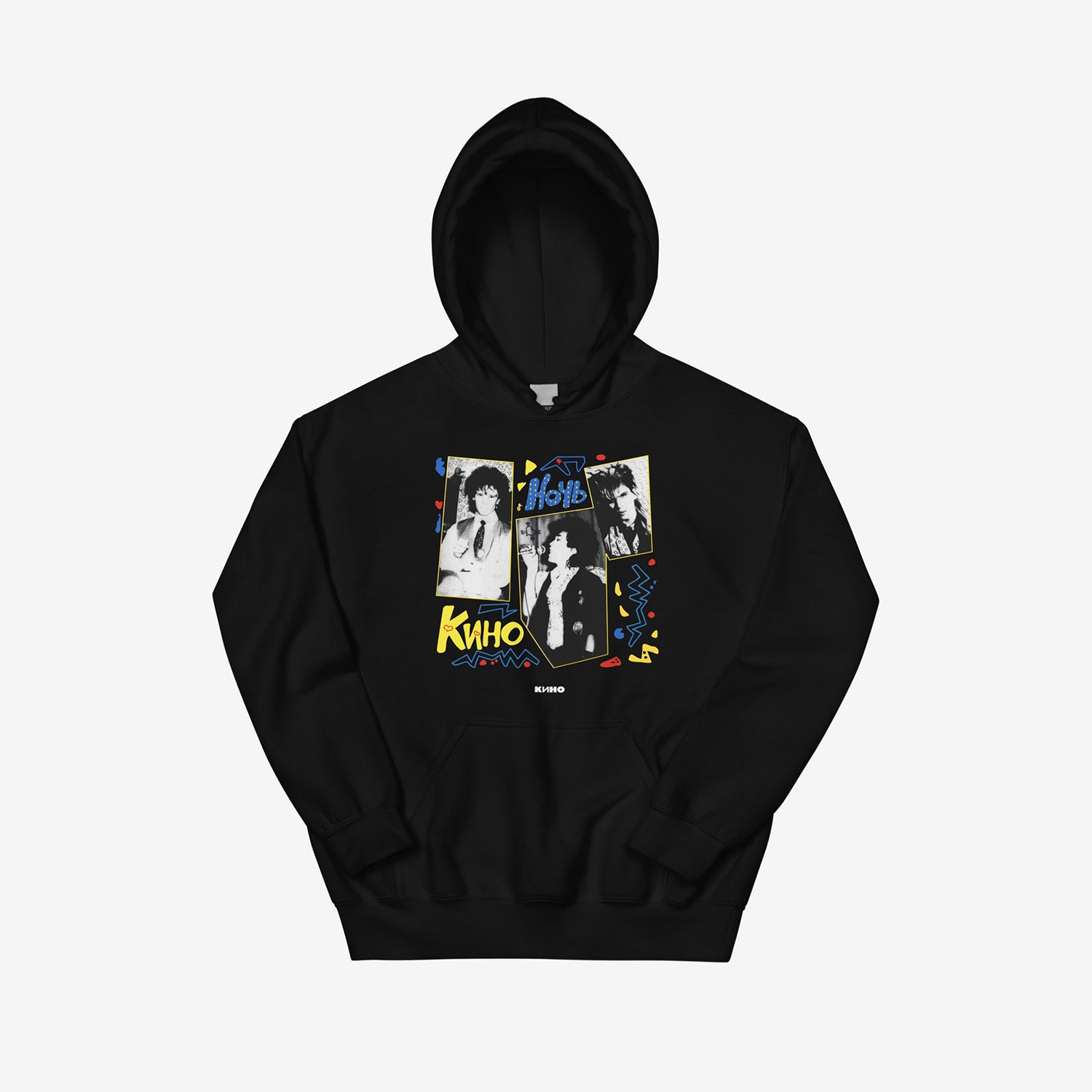 Official KINO band unisex hoodie featuring 'Night' album cover on the front and KINO logo on the back. Front side. From www.kinoband.com