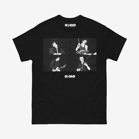 Official KINO band black unisex T-shirt featuring illustrated live performance of Viktor Tsoi and Kino music band members, with KINO logo beneath the image and branded neck tag design. www.kinoband.com