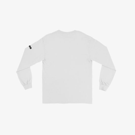 White unisex longsleeve shirt with original KINO band album cover No Love' (Это не любовь), 1985. Back side. Official Viktor Tsoi merch. www.kinoband.com