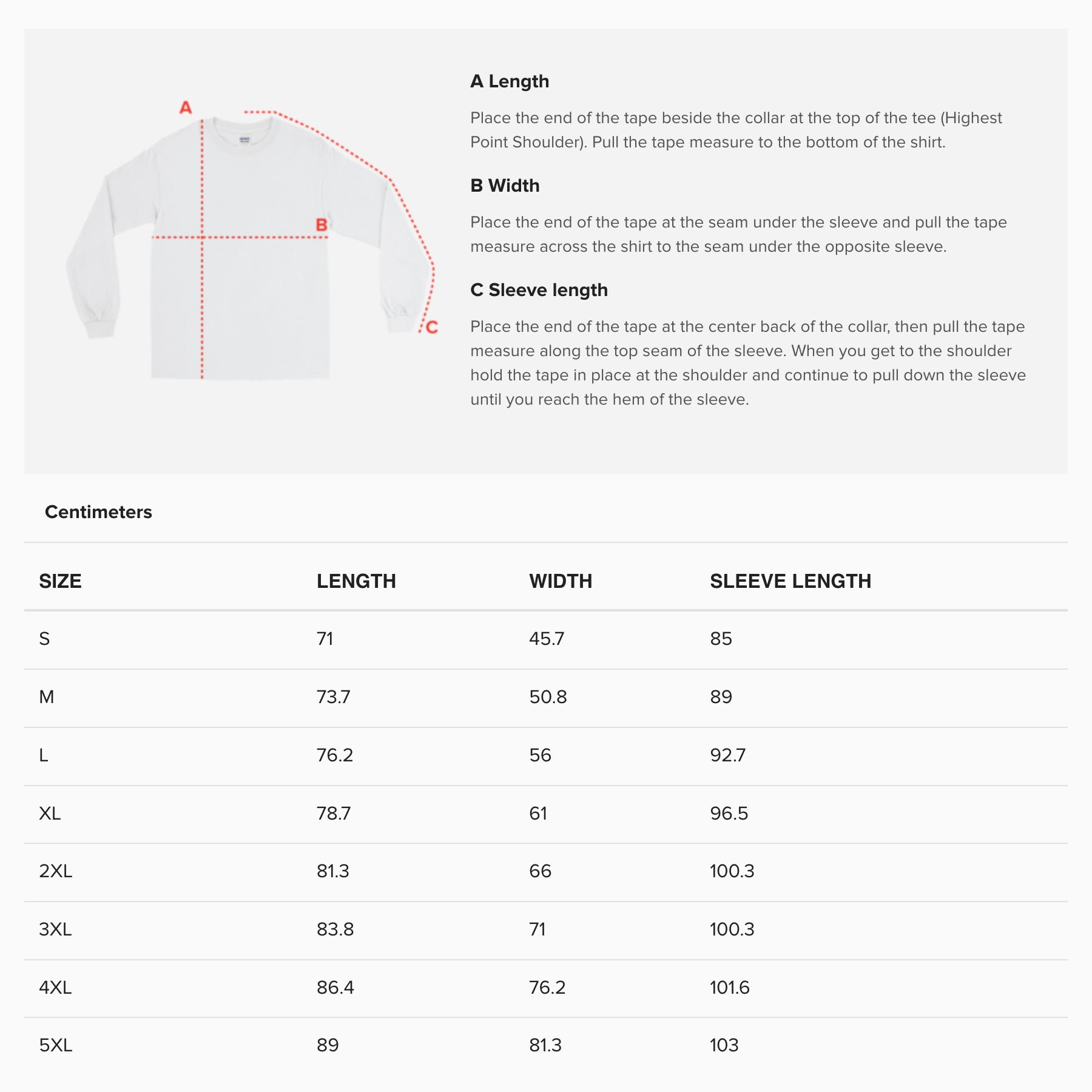 Longsleeve T-shirt size guide. www.kinoband.com