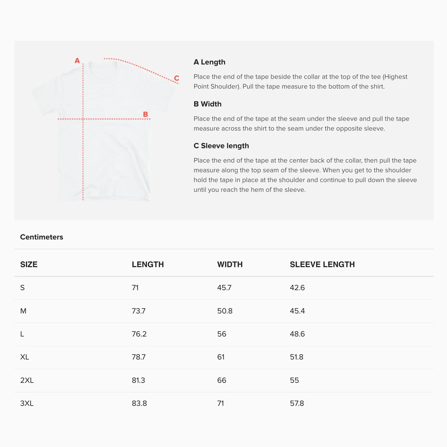 Unisex T-shirt size guide. www.kinoband.com