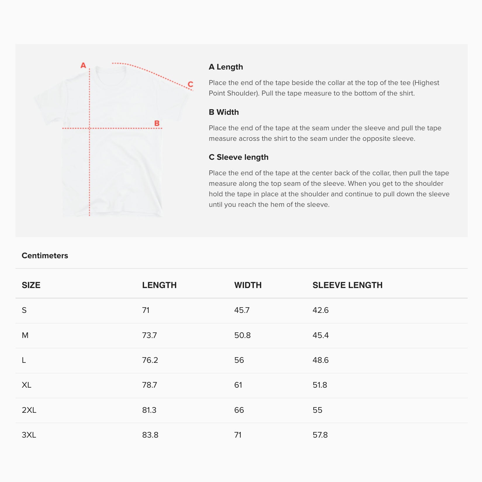 Unisex T-shirt size guide. www.kinoband.com