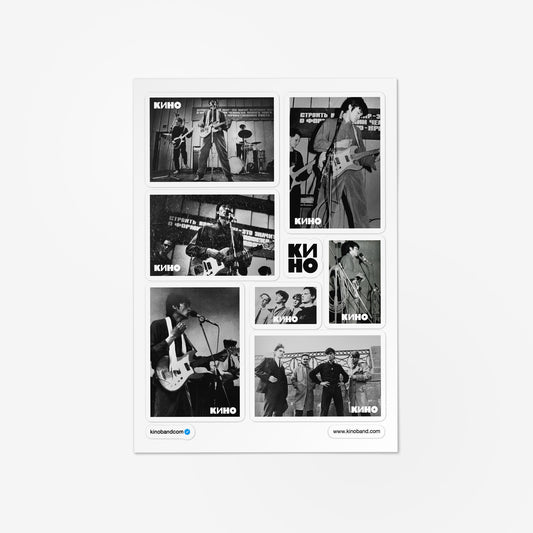 Official KINO Band and Viktor Tsoi A5 vinyl stickerpack featuring 7 rare archival photos from 1984 gig in Leningrad, Pishevikov Cultural Center on May 26 + 1 КИНО logo. www.kinoband.com