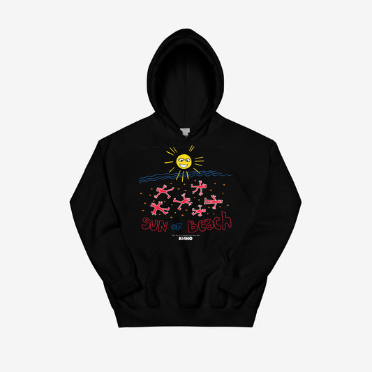 Official KINO band black unisex hoodie with painting by Viktor Tsoi 'Sun of Beach'. With smiley sun and people on the beach by the water. From www.kinoband.com