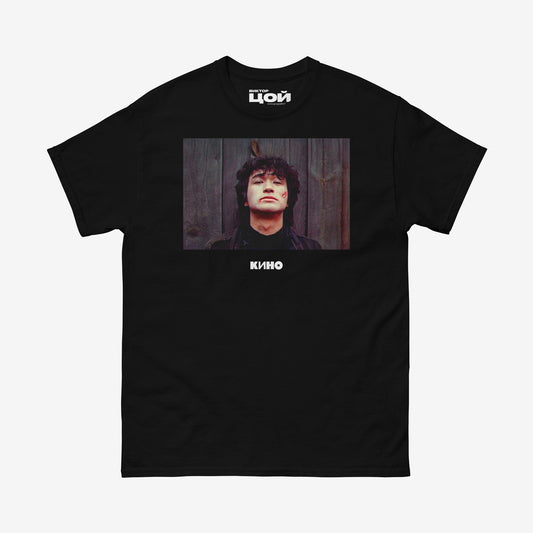 Official Viktor Tsoi Igla movie shirt with rare 1988 photo of Tsoi from Soviet film Igla. Black unisex KINO band T-shirt. Exclusive merch from www.kinoband.com