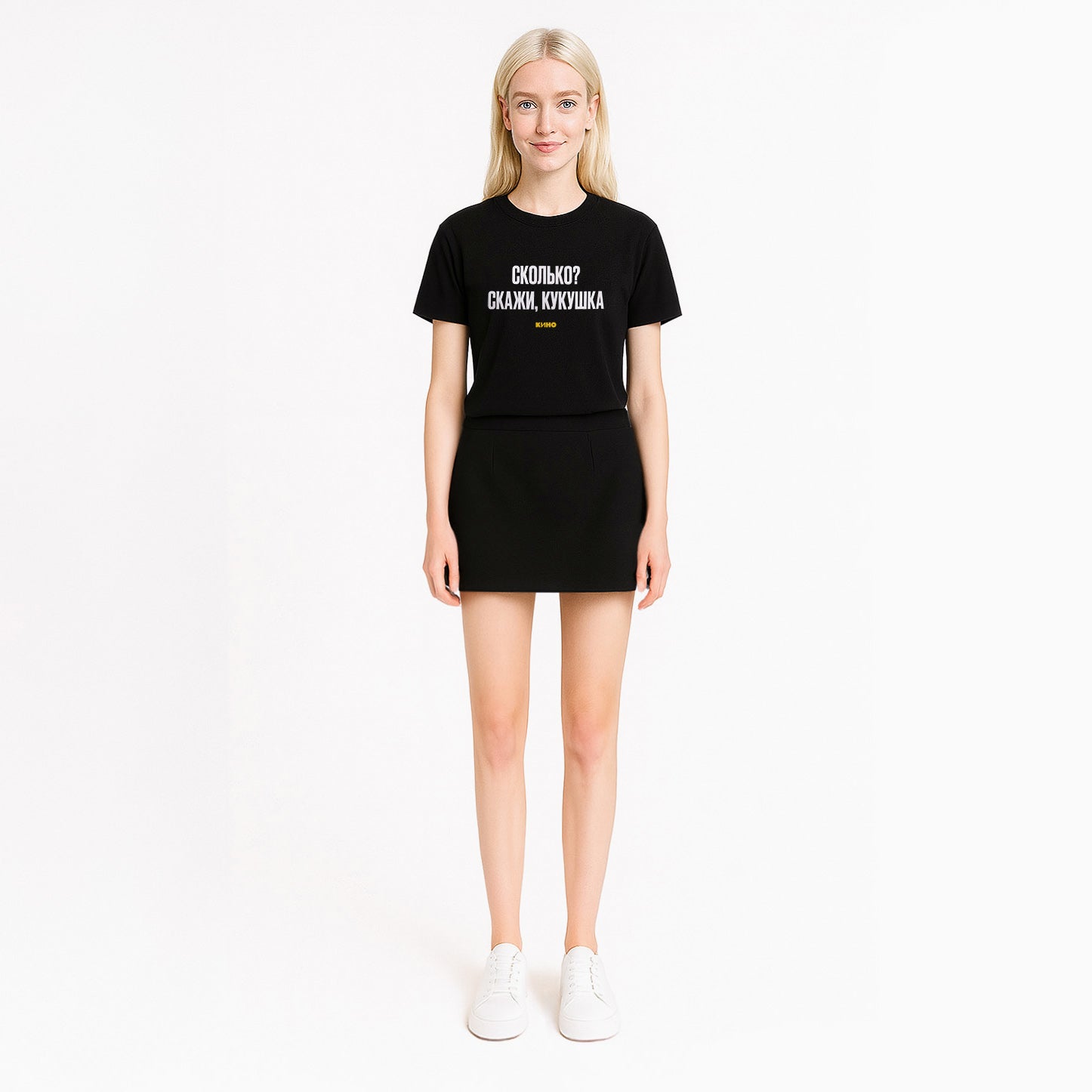 Beautiful young sexy girl model fan of KINO band in short skirt wearing black T-shirt with Viktor Tsoi song lyrics. Original  merch from www.kinoband.com
