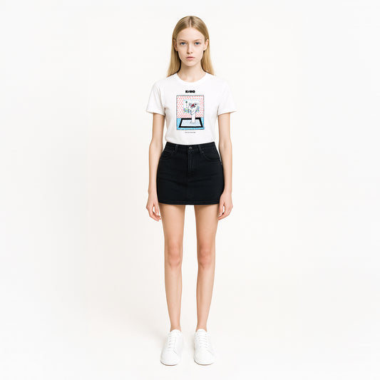Model girl wearing white heavyweight quality cotton unisex KINO band t-shirt with rare 1980s Viktor Tsoi' painting featuring a figure eating another. From www.kinoband.com