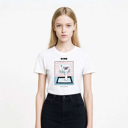 White skinned blonde skinny cute model girl wearing white heavyweight quality cotton unisex KINO band t-shirt with rare painting by Viktor Tsoi. From www.kinoband.com