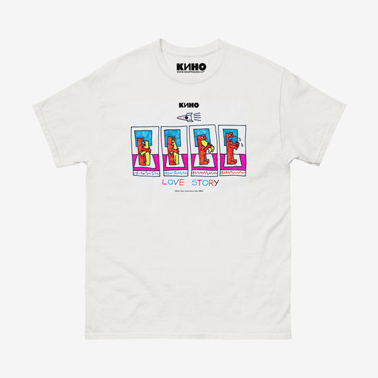 Viktor Tsoi 'Love Story' painting from late 1980s, printed on the front of a heavyweight quality unisex t-shirt with a KINO logo on the inside neck label, from www.kinoband.com