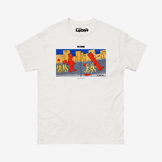 Rare Viktor Tsoi 1988 painting, printed on the front of a heavyweight unisex t-shirt with a KINO logo and custom inside neck label design, from www.kinoband.com
