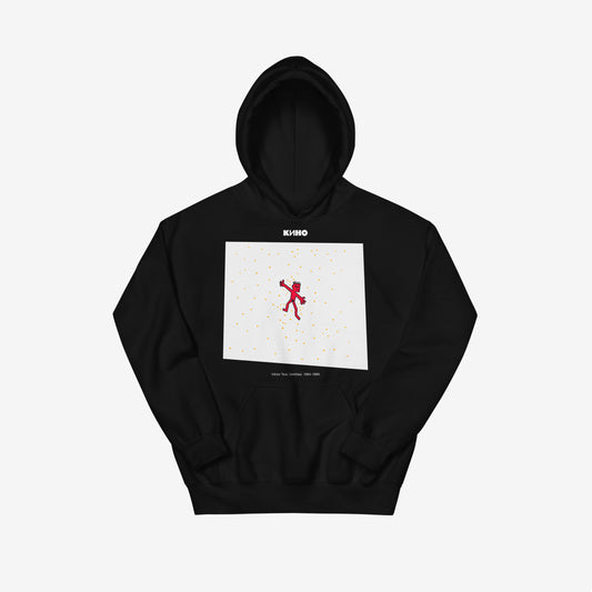 Black hoodie with painting by Viktor Tsoi, frontman of the Soviet Russian KINO music band showing a boy lying on a beach in underpants. Official merch from www.kinoband.com