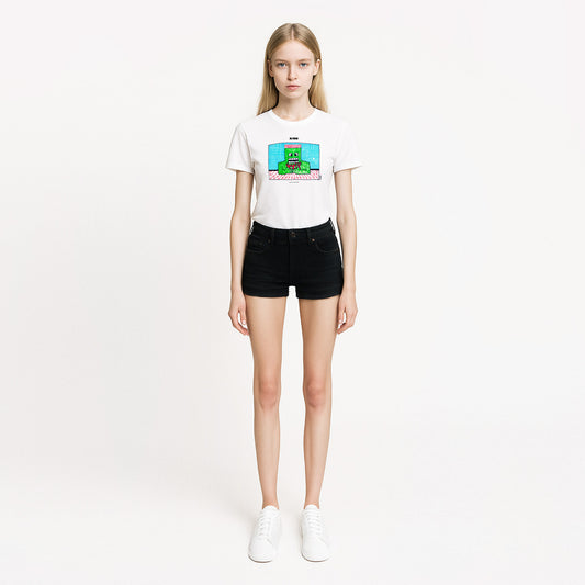 Sexy blonde model girl in short shorts wearing white unisex heavyweight quality cotton KINO band T-shirt with rare Viktor Tsoi' painting. From www.kinoband.com