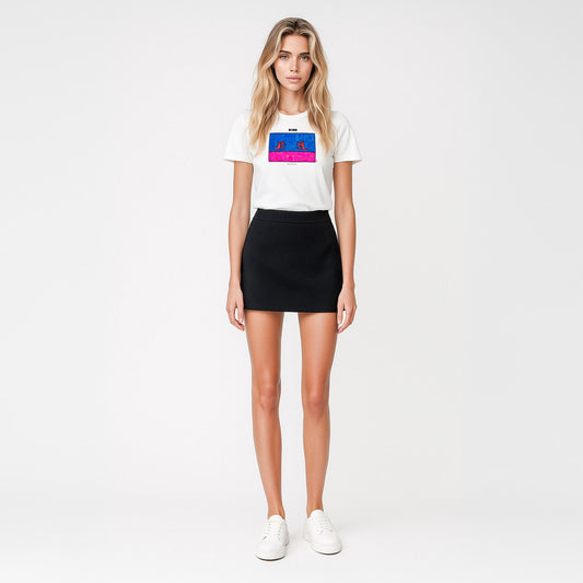 Sexy blond model girl in short skirt wearing white unisex KINO band t-shirt with rare Viktor Tsoi' painting in bright blue and pink tones with two naked figures running towards each other. From www.kinoband.com