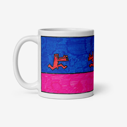 Mug with a rare 1980s Viktor Tsoi painting of two naked figures running towards each other, from www.kinoband.com