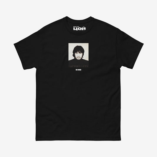Rare Viktor Tsoi passport photo with a small KINO band logo underneath it, on the front of a heavyweight black unisex t-shirt, from www.kinoband.com